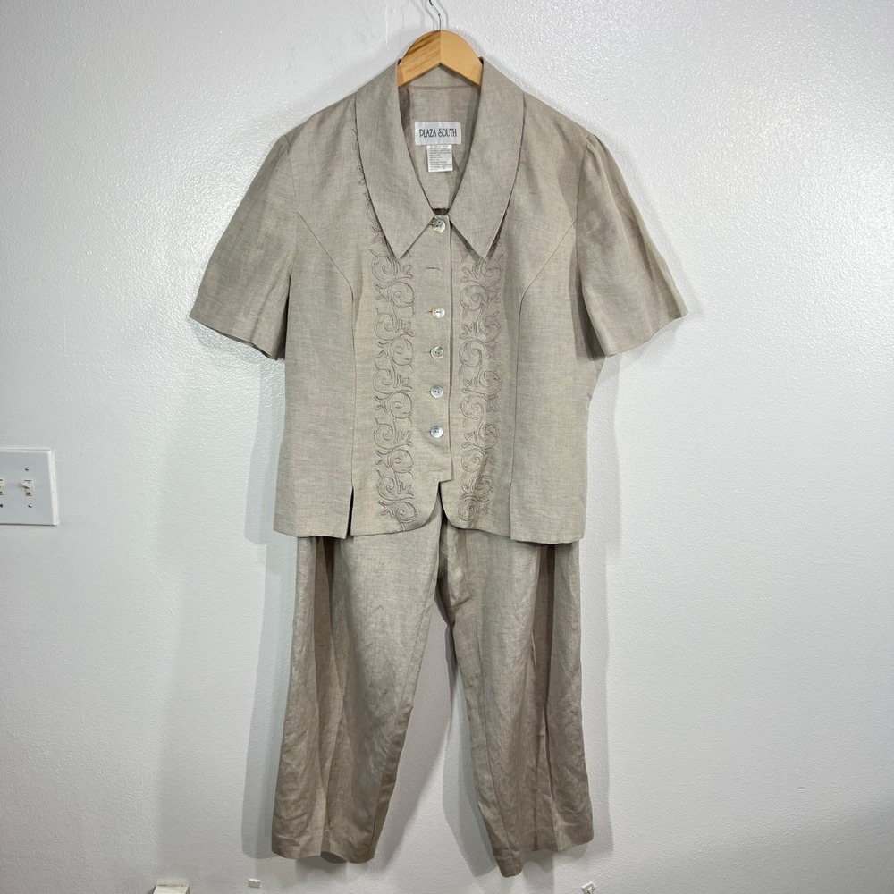 Vtg.Plaza South 2 Piece Pantsuit Set Beige Embroidered Linen Blend Short‎ Sleeve
